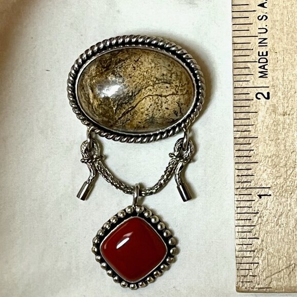 Pin / Brooch AND Pendant * Silver 925 & Polished Stones * Vintage * 2-1/2" Hang - Picture 2 of 5